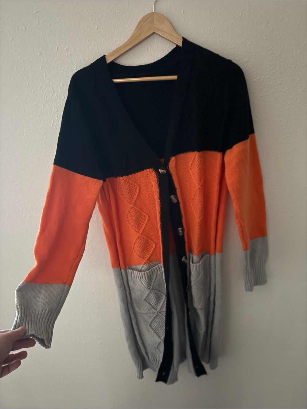 Colorblock Long Cardigan Sweater - Black, Orange & Gray
